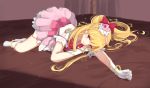  1girl asahina_mirai blonde_hair bow bracelet cosplay cure_miracle gloves hair_bow hat highres jewelry kamome_donburi long_hair lying magical_girl mahou_girls_precure! precure side_ponytail solo violet_eyes white_gloves witch_hat 