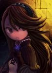  1girl agnes_oblige bravely_default:_flying_fairy bravely_default_(series) brown_gloves brown_hair capelet chibi close-up dungeon gloves hairband koi_drake long_hair solo 