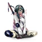  1girl black_hair breasts bubuzuke covered_mouth cyclops elbow_pads glasses hair_over_shoulder hair_ribbon hairband indian_style katana knee_pads monster_girl one-eyed original ribbon scarf semi-rimless_glasses sheath sheathed shorts sitting skindentation solo strap_cleavage striped striped_scarf sword torn_socks under-rim_glasses violet_eyes weapon 