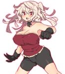  &gt;:o 1girl :o albino armpits bike_shorts black_gloves blonde_hair blouse blush breasts clenched_hand d: elsie-san_(oshiruko) gloves large_breasts legs_apart looking_at_viewer open_mouth original oshiruko_(tsume) red_eyes ribbon solo strapless teeth two_side_up 