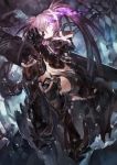  armor armored_boots avamone black_hair black_rock_shooter boots burning_eyes chain commentary_request gauntlets highres insane_black_rock_shooter knee_up midriff short_shorts shorts sitting torn_clothes twintails violet_eyes 