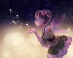  1girl black_hair blowing closed_eyes cupping_hands dandelion_seed double_bun dress fairy_wings flower hair_flower hair_ornament love_live!_school_idol_festival love_live!_school_idol_project night night_sky sentaro207 sky solo star_(sky) starry_sky wings yazawa_nico 