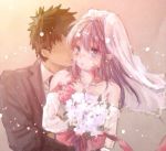 bouquet bridal_veil cheek_kiss dorei_to_no_seikatsu_~teaching_feeling~ dress flower kiss sutegoma sylvie_(dorei_to_no_seikatsu) veil wedding wedding_dress 