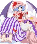  2girls ahoge bat_wings blue_hair blush bow crescent_hair_ornament cushion dress eichi_yuu hair_ornament hat hat_ribbon long_hair lying_on_lap mob_cap multiple_girls patchouli_knowledge pillow pocky pointy_ears puffy_short_sleeves puffy_sleeves purple_hair red_eyes remilia_scarlet ribbon short_sleeves smile striped striped_dress tagme touhou violet_eyes wide_sleeves wings 