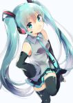  1girl aqua_hair detached_sleeves green_eyes hand_on_hip hatsune_miku headset long_hair looking_at_viewer necktie ponpoko skirt smile solo sparkle thigh-highs twintails very_long_hair vocaloid white_background 