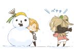  2girls :d banana blush bow chibi commentary_request food fruit grey_hair hair_bow kousaka_honoka love_live!_school_idol_project minami_kotori mota multiple_girls open_mouth orange_hair rake scarf smile snowman translated |_| 