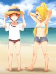  2girls artist_request barefoot beach bikini blonde_hair blue_eyes breasts deidara female genderswap hat highres long_hair multiple_girls naruto one-piece_swimsuit open_clothes open_mouth open_shorts ponytail redhead sand sasori shirt short_hair short_shorts shorts smile swimsuit t-shirt water 