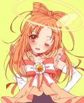  1girl ;o blush bow brooch choker cure_sunny hair_bun halo hand_on_hip hino_akane_(smile_precure!) jewelry long_hair looking_at_viewer magical_girl one_eye_closed orange_eyes orange_hair precure princess_form_(smile_precure!) smile_precure! solo striped striped_bow upper_body uzuki_aki yellow_background 