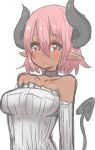  1girl blush choker dark_skin detached_sleeves highres horns malice_stella original pink_eyes pink_hair pointy_ears short_hair simple_background solo sweater tail white_background 