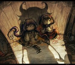  brown_hair child dress full_body horn horns kijin_seija koto_inari long_sleeves o_o pov red_dress scared shade shadow short_hair sitting skull sunlight touhou tsukumo_benben tsukumo_yatsuhashi walk-in white_dress wooden_wall 