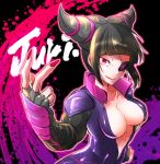  1girl alternate_costume black_hair bodysuit breasts center_opening character_name cleavage eyepatch fingerless_gloves fingernails gloves han_juri high_collar long_fingernails marimo_(yousei_ranbu) no_bra short_twintails shoulder_pads solo street_fighter street_fighter_v twintails violet_eyes 