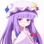  1girl bangs blunt_bangs blush bow crescent_hair_ornament dezuko_(dezuko_no_heya) finger_to_mouth hair_bow hair_ornament hat long_hair mob_cap patchouli_knowledge purple_hair solo touhou upper_body violet_eyes white_background 
