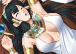  1girl armpits black_hair blue_lipstick bracelet breasts breasts_apart dress eyeshadow hair_tubes hairband isis_(p&amp;d) jewelry lipstick long_hair lying makeup necklace on_back parted_lips puzzle_&amp;_dragons rug shimohigashi_kanna sleeping solo staff white_dress 