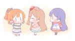  3girls ^_^ arms_up blue_hair blush bow brown_hair chibi closed_eyes coat hair_bow kousaka_honoka long_hair love_live!_school_idol_project minami_kotori multiple_girls one_side_up orange_hair scarf skirt sonoda_umi ususa70 |_| 