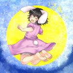  1girl ^_^ ^o^ animal_ears bare_shoulders black_hair bloomers bunny_tail closed_eyes full_moon inaba_tewi jumping looking_back monrooru moon rabbit_ears smile solo tail touhou underwear 