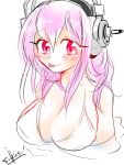  1girl :p bikini breasts cleavage headphones large_breasts looking_at_viewer nitroplus perozm pink_eyes pink_hair sketch smile solo super_sonico swimsuit tongue tongue_out white_bikini 