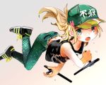  1girl ass baseball_cap baton blonde_hair blue_eyes dual_wielding fang hat long_hair masuda_(yousaytwosin) midriff open_mouth original pants shoes sneakers solo tank_top tonfa weapon 