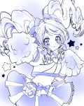  1girl blue cowboy_shot cure_honey earrings happinesscharge_precure! heart heart_earrings jewelry long_hair looking_at_viewer magical_girl monochrome oomori_yuuko pom_poms popcorn_cheer precure skirt smile solo star twintails uzuki_aki 