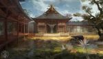  a-shacho architecture bridge clouds damaged east_asian_architecture flower highres leaf lily_pad no_humans original rope scenery shide shimenawa shrine signature sky tree water wind 
