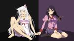  2girls ahoge animal_ears bakemonogatari bakeneko barefoot black_hanekawa black_legwear blush braid breasts cat_ears cleavage collarbone dual_persona glasses hanekawa_tsubasa highres juliet_sleeves large_breasts licking long_hair long_sleeves looking_at_viewer monogatari_(series) multiple_girls one_eye_closed puffy_sleeves purple_hair school_uniform sitting socks twin_braids underwear violet_eyes wariza white_hair yellow_eyes 