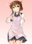  1girl apron brown_eyes brown_hair folded_ponytail inazuma_(kantai_collection) kankitsunabe_(citrus) kantai_collection ladle long_hair school_uniform serafuku smile standing 