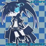  1girl artist_name artist_request bikini_top black_rock_shooter black_rock_shooter_(character) blue_eyes blue_hair burning_eyes character_name checkered checkered_background frown gloves hood hoodie long_coat open_clothes panty_&amp;_stocking_with_garterbelt parody short_shorts shorts style_parody twintails white_skin 