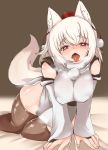  1girl all_fours animal_ears black_legwear detached_sleeves fangs hat heavy_breathing highres inubashiri_momiji open_mouth red_eyes shinobe solo tail tokin_hat tongue tongue_out touhou white_hair wolf_ears wolf_tail 