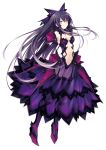  1girl black_gloves black_hair black_legwear breasts brown_eyes date_a_live dress elbow_gloves garter_straps gloves hair_ornament long_hair looking_at_viewer navel purple_dress see-through solo thigh-highs transparent_background yatogami_tooka 