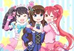  3girls :d ;d bangs black_hair blue_eyes bow brown_eyes brown_hair check_(check_book) claw_pose cross-laced_clothes dress elbow_gloves fang fangs fur_trim garuru_(pripara) gloves hair_bow hair_ornament hairband hand_on_hip headphones hug juliet_sleeves kurosu_aroma long_hair long_sleeves multiple_girls one_eye_closed open_mouth pink_gloves pink_hair pripara puffy_short_sleeves puffy_sleeves shiratama_mikan short_sleeves sidelocks smile star striped twintails vertical-striped_background vertical_stripes 