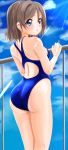  1girl ass blue_eyes blue_sky blue_swimsuit clouds competition_swimsuit day feet_out_of_frame grey_hair highleg highleg_swimsuit love_live! love_live!_sunshine!! one-piece_swimsuit outdoors pix_mloof railing short_hair sky solo standing swimsuit watanabe_you wavy_hair 