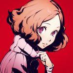  1girl brown_hair chromatic_aberration ilya_kuvshinov lips looking_at_viewer looking_to_the_side okumura_haru parted_lips persona persona_5 red_background short_hair smile solo turtleneck upper_body violet_eyes 