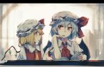 2girls amoranorem ascot bat_wings blonde_hair blue_hair book brooch clothes_grab crystal eyebrows fang flandre_scarlet hat hat_ribbon jewelry looking_at_another mob_cap multiple_girls open_mouth red_eyes red_ribbon remilia_scarlet ribbon short_hair short_sleeves siblings sisters sitting table touhou wings 
