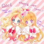  2016 2girls :d asahina_mirai blonde_hair blue_eyes bow brooch color_connection cure_flora cure_miracle earrings flower_earrings gloves go!_princess_precure gradient_hair hair_bow hairband half_updo happy_new_year haruno_haruka hat jewelry long_hair looking_at_viewer magical_girl mahou_girls_precure! mini_hat mini_witch_hat multicolored_hair multiple_girls new_year open_mouth pink_bow pink_hair pink_hat ponytail precure red_bow smile streaked_hair striped striped_background translated twitter_username two-tone_hair upper_body uzuki_aki violet_eyes white_gloves witch_hat 