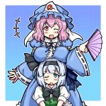  blue_eyes blush bob_cut bow bowtie breast_rest breasts breasts_on_head eruru_(erl) fan folding_fan frilled_kimono frills hairband hat highres japanese_clothes kimono konpaku_youmu mob_cap one_eye_closed open_mouth pink_eyes pink_hair saigyouji_yuyuko silver_hair touhou triangular_headpiece veil vest wavy_hair 