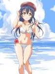  1girl beret bikini blue_hair blush breasts flower hat long_hair love_live!_school_idol_project smile solo sonoda_umi swimsuit tetopetesone yellow_eyes 