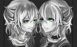  2girls braid commentary dual_persona e.tag expressionless french_braid green_eyes half-closed_eyes looking_at_another mizuhashi_parsee monochrome multiple_girls pointy_ears short_hair smirk spot_color touhou upper_body 