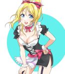  1girl ayase_eli blonde_hair blue_eyes blush breasts cleavage garter_straps long_hair love_live!_school_idol_project maid_headdress mogyutto_&quot;love&quot;_de_sekkin_chuu! ponytail solo tetopetesone 