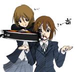  2girls artist_request blazer blood blood_from_mouth brown_eyes brown_hair drawfag electric_guitar guitar hair_ornament hairclip hirasawa_yui injury instrument k-on! multiple_girls school_uniform simple_background smile source_request speed_lines swinging tachibana_himeko weapon white_background 