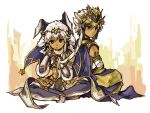 1boy 1girl ankh armlet bandages blue_eyes bodypaint bridal_gauntlets cape dark_skin earrings egyptian facial_mark fur_trim green_eyes headdress indian_style jewelry long_hair looking_at_viewer open_mouth puzzle_&amp;_dragons ra_(p&amp;d) shiroma_(mamiko) sitting sopdet_(p&amp;d) star white_hair 