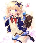  1girl blonde_hair blush cagliostro_(granblue_fantasy) candy granblue_fantasy lollipop long_hair looking_at_viewer one_eye_closed open_mouth school_uniform show_(rinnetenshow) smile solo thigh-highs violet_eyes 