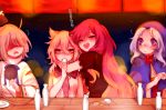  4girls alcohol blue_eyes blue_hair blush choko_(cup) chopsticks closed_eyes drinking drunk full-face_blush gradient_hair hat hijiri_byakuren hood hug jewelry kumoi_ichirin light_brown_hair long_hair long_sleeves looking_at_another looking_at_viewer mononobe_no_futo multicolored_hair multiple_girls open_mouth pendant puffy_sleeves purple_hair shaded_face short_hair short_sleeves silver_hair sitting sleeveless smile tate_eboshi text tis_(shan0x0shan) tokkuri touhou toyosatomimi_no_miko translated upper_body wide_sleeves 