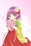  1girl bouquet flower hair_flower hair_ornament hieda_no_akyuu highres japanese_clothes kimono mudzukite purple_hair short_hair smile solo touhou violet_eyes 