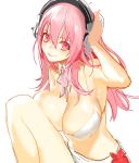  1girl bikini blush breasts cleavage detached_collar headphones large_breasts long_hair looking_at_viewer mey88 nitroplus pink_eyes pink_hair simple_background sketch smile solo super_sonico swimsuit white_background white_bikini 