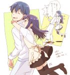  1boy 1girl :d ^_^ apron asphyxiation black_legwear blue_hair choking closed_eyes hetero hug hug_from_behind jumping kannuki_hisui open_mouth over-kneehighs purple_hair shaded_face shirt shoes skirt smile souma_hiroomi sweatdrop thigh-highs translated waist_apron white_shirt working!! yamada_aoi 