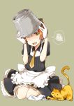  1girl apron bow bucket bucket_on_head cat gloves hair_bow highres hoshizora_rin ksk_(semicha_keisuke) love_live!_school_idol_project maid necktie object_on_head open_mouth orange_hair simple_background sitting solo spoken_squiggle squiggle waist_apron wavy_mouth white_gloves yellow_eyes yellow_necktie 