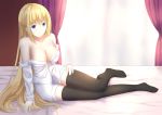  1girl absurdres arm_support black_legwear blonde_hair blue_eyes breasts cleavage highres large_breasts lexington_(zhan_jian_shao_nyu) long_hair partially_undressed smile solo thigh-highs unbuttoned wujojin zhan_jian_shao_nyu 