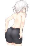 1girl ass back bike_shorts blush from_behind haegiwa highres looking_back original red_eyes short_hair simple_background solo topless white_background white_hair 