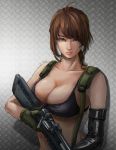  1girl a.tong ahoge artist_name breasts brown_hair cleavage collarbone front-tie_bikini front-tie_top gloves green_eyes gun highres holding_weapon lips long_hair looking_at_viewer metal_gear_(series) metal_gear_solid_v nose ponytail quiet_(metal_gear) rifle signature single_elbow_glove sketch sniper_rifle solo suspenders torn_clothes upper_body weapon 
