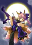  1girl animal_ears blue_legwear bow breasts caster_(fate/extra) cleavage detached_sleeves fate/extra fate/grand_order fate_(series) fox_ears fox_tail full_moon hair_bow hair_ribbon japanese_clothes light_smile looking_at_viewer moon multiple_tails pink_hair ribbon solo tail yellow_eyes 