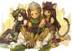  1boy 2girls animal_ears armlet bare_shoulders barefoot bastet_(p&amp;d) black_hair black_legwear bow braid brown_eyes cat_ears cat_tail dress fangs fur_trim gauntlets green_eyes hair_bow hair_ornament hair_tubes hand_on_shoulder indian_style jewelry kneeling long_hair looking_at_viewer multiple_arms multiple_girls necklace open_mouth pantyhose puzzle_&amp;_dragons sandals shiroma_(mamiko) single_braid sitting skirt smile tail verdandi_(p&amp;d) vishnu_(p&amp;d) white_hair 